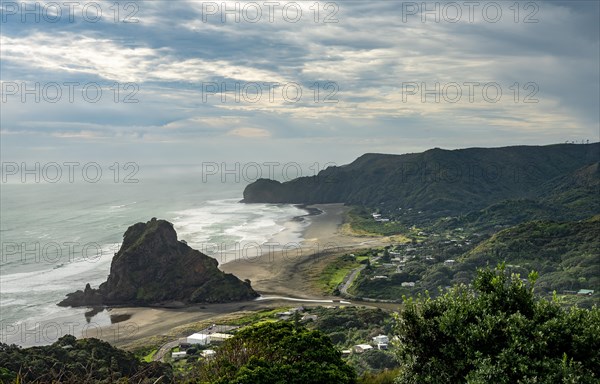 View to beach Piha Beach with Lion Rock