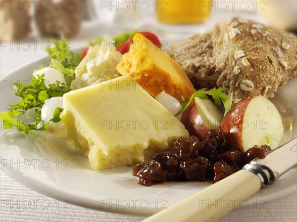Traditional Ploughman's lunch with Cheddar and Lancashire cheese