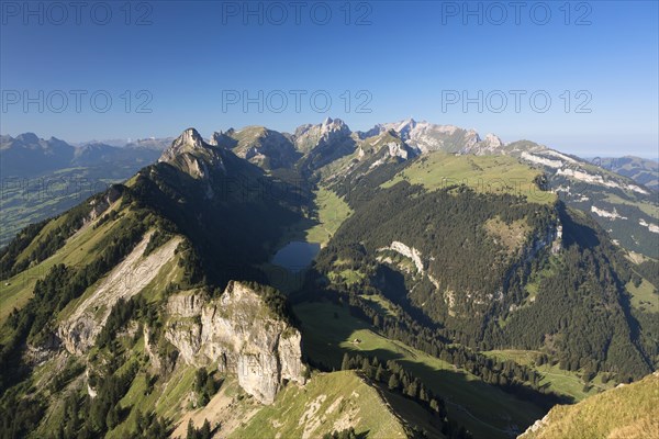View from Hohen Kasten Mountain over the Alpstein Range with Lake Saemtis