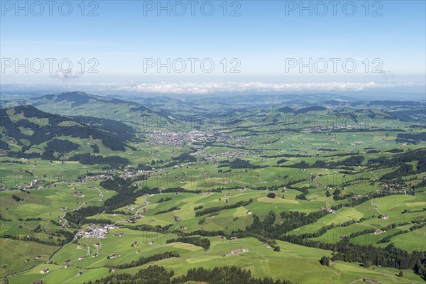 View of the Appenzellerland region and the town of Appenzell as seen from Hoher Kasten mountain