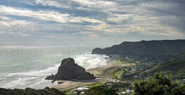 View to beach Piha Beach with Lion Rock
