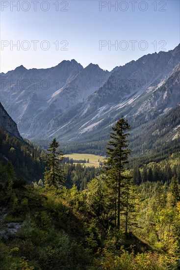 View into the Karwendel valley with mountain peak of the Karwendelspitze
