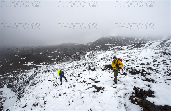 Hikers on hiking trail Tongariro Alpine Crossing in snow over lava fields