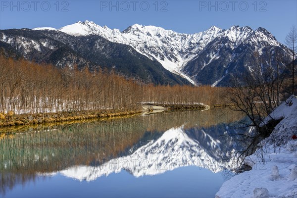 Snow-covered mountains at a lake