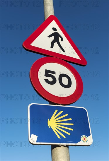 Camino de Santiago road sign with shell symbol