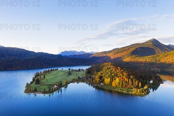 Lake Walchensee with peninsula Zwergern in the morning light