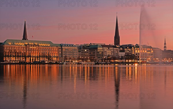 Inner Alster Lake with Alster fountain at dusk