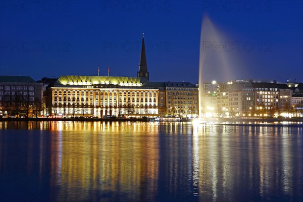 Inner Alster Lake with Alster fountain at the blue hour