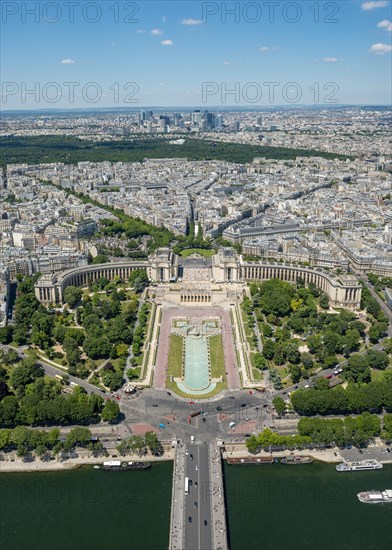 View from the Eiffel Tower to the Jardins du Trocadero with bridge Pont d'Iena and river Seine
