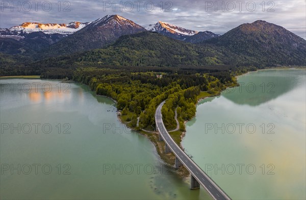 Sylvenstein lake and Faller-Klamm bridge at sunset