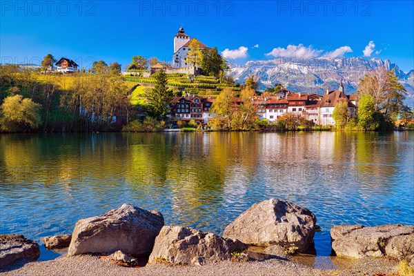 Werdenberg Castle with old town at Werdenbergersee lake