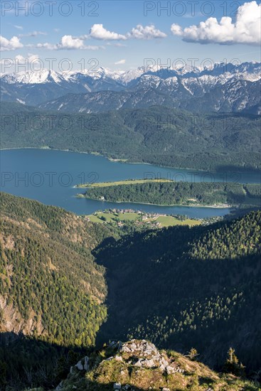 View from Herzogstand to Walchensee with Lake Walchensee