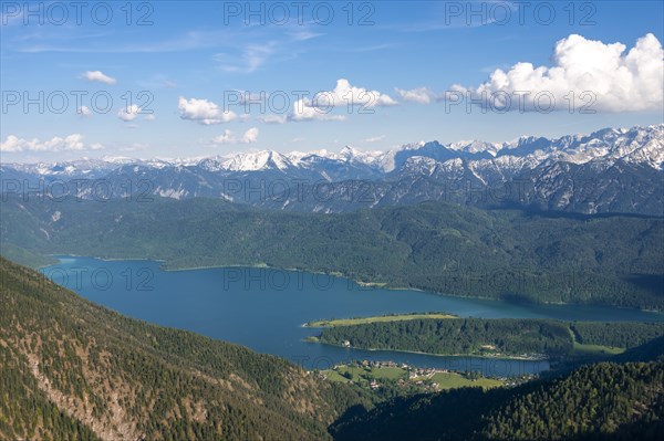 View from Herzogstand to Walchensee with Lake Walchensee