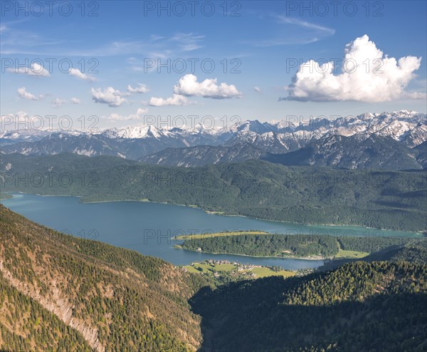View from Herzogstand to Walchensee with Lake Walchensee