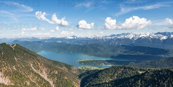 View from Herzogstand to Walchensee with Lake Walchensee