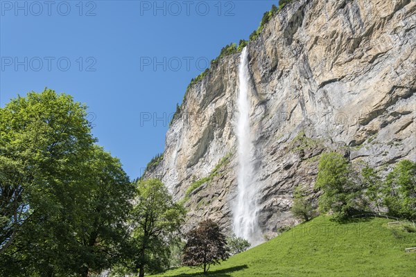 Staubbach Falls tumbling down from a high rock face