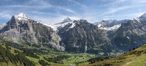 View of snow-covered Fiescherhorn and Wetterhorn