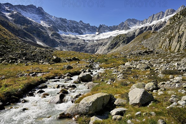 Damma glacier in front of a torrent in autumnal surroundings