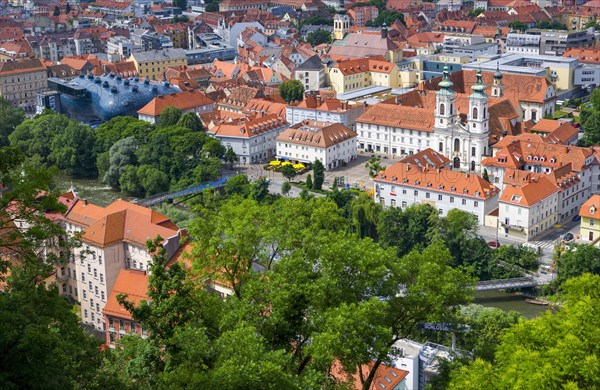 View from the Schlossberg to the Kunsthaus and the pilgrimage church Mariahilf