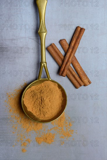 Cinnamon powder in brass ladle and cinnamon sticks