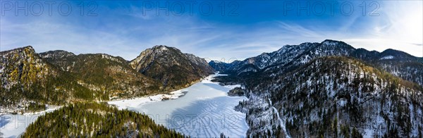 Aerial view of the snow-covered Weitsee and Loedensee