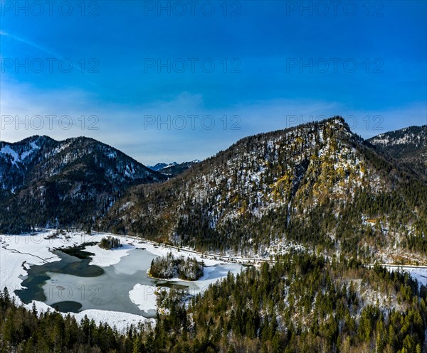 Aerial view of the snow-covered Weitsee and Loedensee