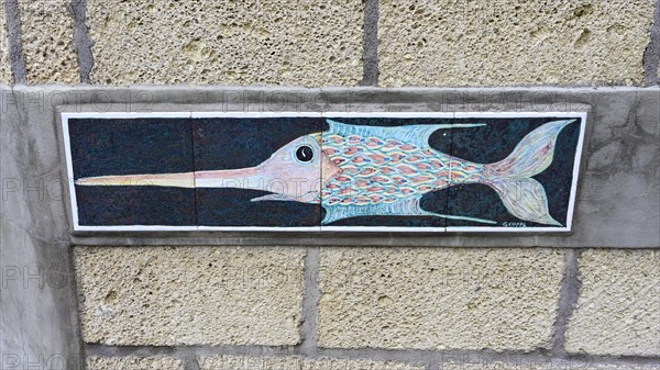 Pottery with fish motif on a house wall