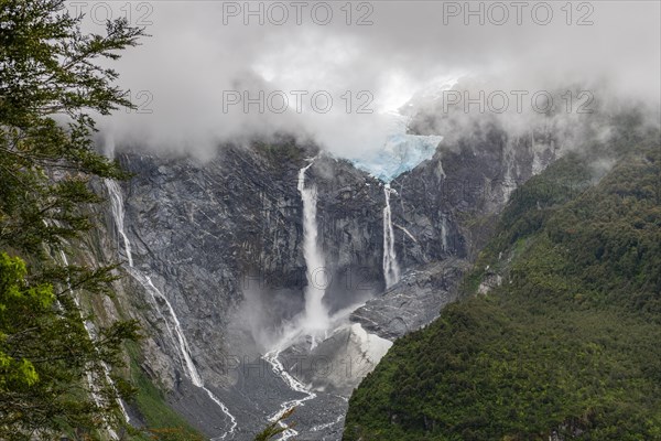 Hanging glacier and waterfalls