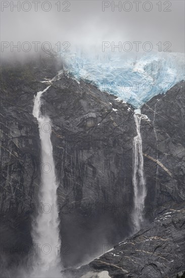 Hanging glacier and waterfalls