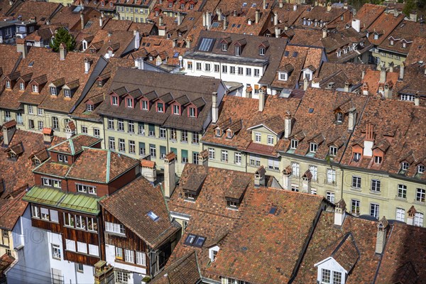 View from Bern Cathedral to the red tiled roofs of the houses in the historic centre of the old town