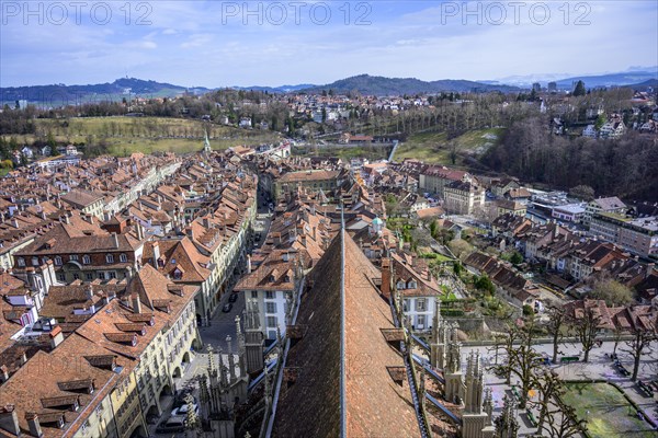 View from Bern Cathedral to the red tiled roofs of the houses in the historic centre of the old town