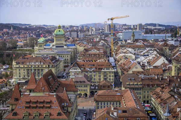 View from Bern Cathedral to the red tiled roofs of the houses in the historic centre of the old town