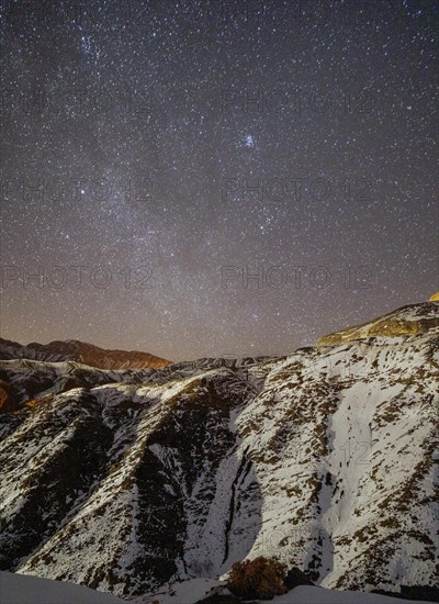 Starry sky over snowy mountains