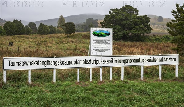 Shield with long name of the hill Taumatawhakatangihangakoauauotamateaturipukakapikimaungahoronukupokaiwhenuakitanatahu, Porangahau