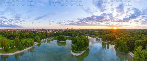 Panorama of Kleinhesseloher See at sunrise
