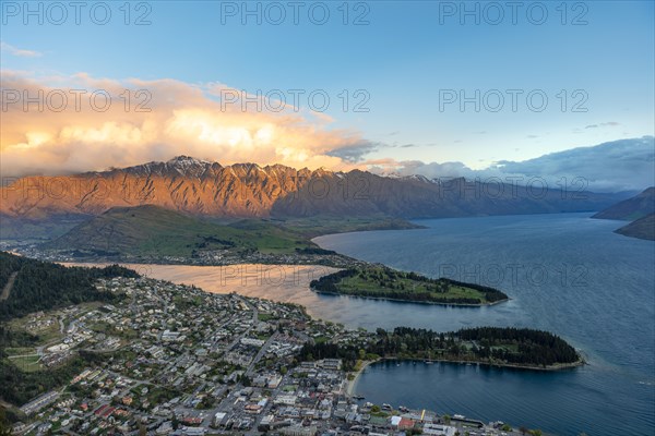 View of Lake Wakatipu and Queenstown at sunset