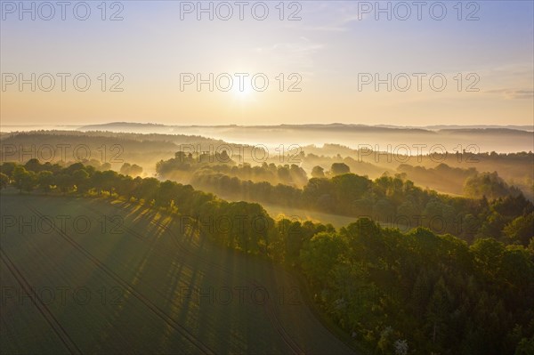 Cultural landscape with fog in morning light