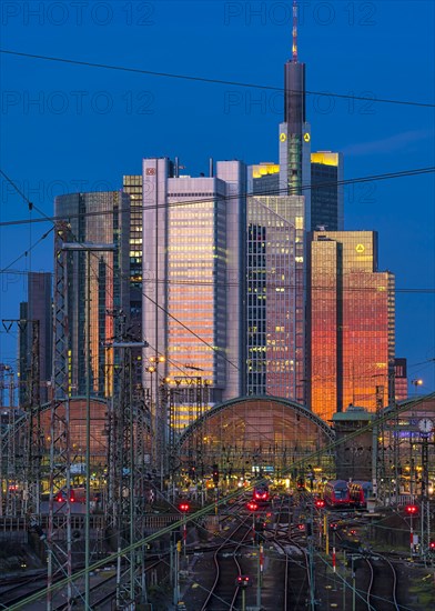 Sunlight is reflected in skyscrapers on the skyline of Frankfurt