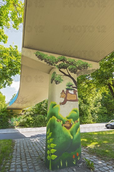 Graffiti under bridge with monkey and banana