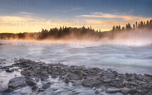 Autumn atmosphere with fog on the river in the evening light