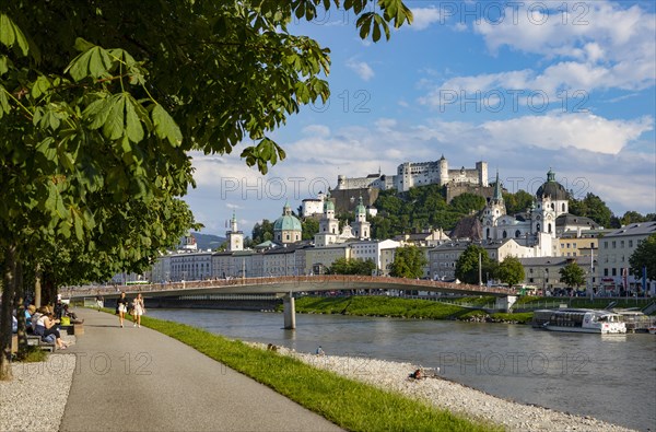 View over the Salzach river from Elisabethkai to the old town and the fortress Hohensalzburg