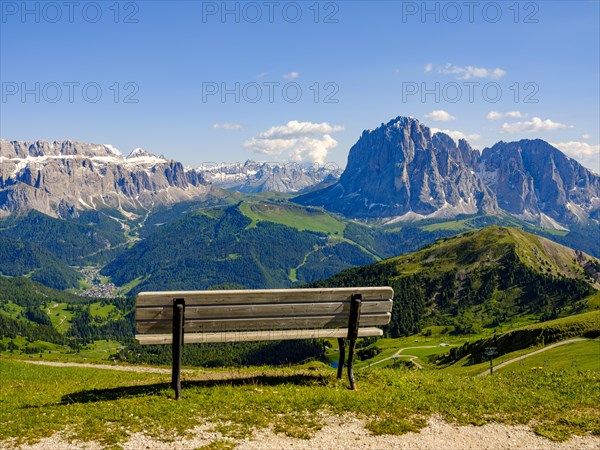 Lookout bench at the top of the Seceda with views of the Sella Group