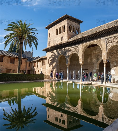 Historic building El Partal with pool and palm trees