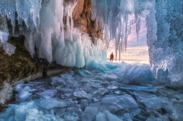 Beautiful little ice cavern in frozen Khuvsgul lake. Khuvsgul province