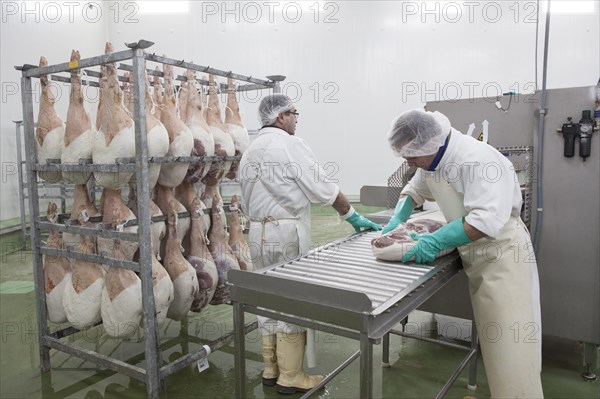 Quality control workers for cured ham