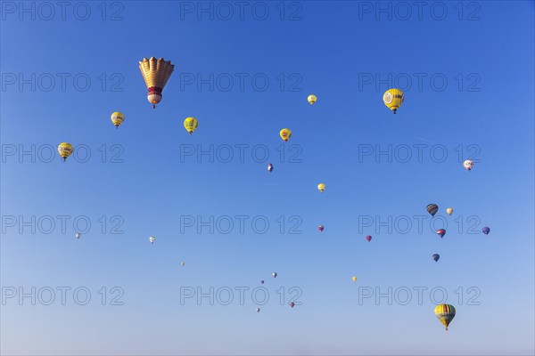 Various hot air balloons in front of a blue sky