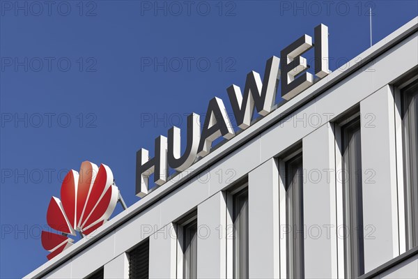 Logo on the European headquarters of Huawei Technologies in Düsseldorf