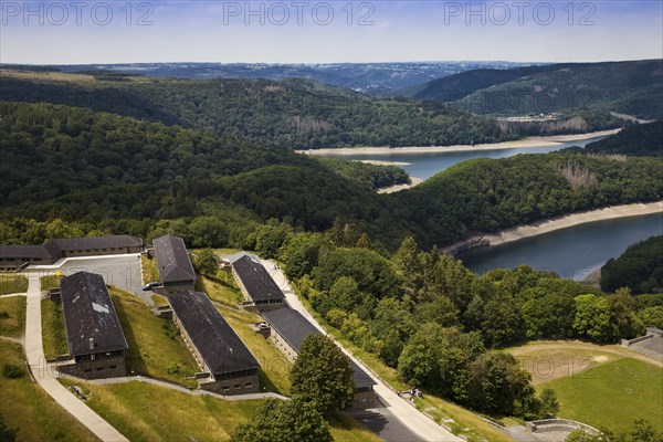 Aerial view with the former NS-Ordensburg Vogelsang and the Eifel National Park with the Urft Reservoir