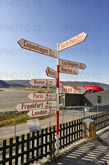International names of capitals on signposts next to the runway