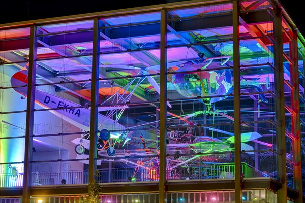 Helicopter Museum colourfully illuminated Bueckeburg Germany